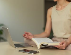 Um celular desligado em foco em cima de uma mesa, ao fundo uma mulher segurando um livro aberto e um laptop aberto, em um ambiente minimalista com cores neutras