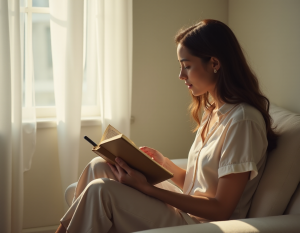 Uma mulher lendo um livro sentada no sofá, ao lado da janela com cortina, em um ambiente calmo e claro.