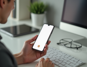 Um homem segurando um celular com a tela em branco, ao fundo, uma mesa de escritório organizada e minimalista.