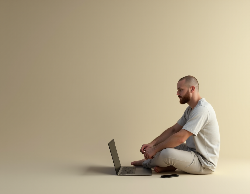 Um homem, sentado no chão a frente de um laptop aberto em uma sala vazia.