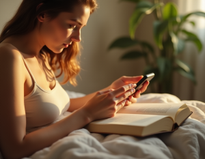Uma mulher sentada, olhando o celular com um livro aberto