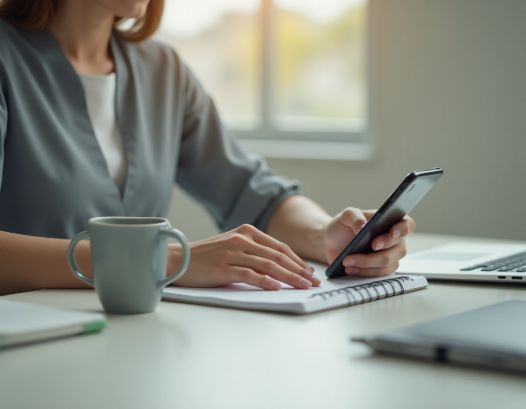 Uma mulher segurando um celular em uma mesa de escritório organizada e minimalista