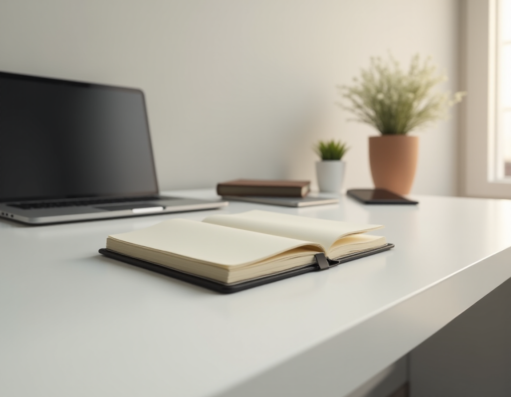 Uma agenda aberta em cima de uma mesa branca ao fundo um laptop aberto e com a tela desligada.