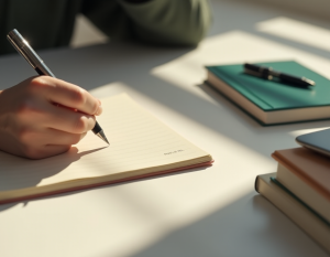 a mão de uma pessoa escrevendo em um caderno em branco sob uma mesa branca com alguns livros.