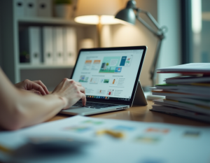 Um braço teclando em um laptop acessando um dashboard, sob uma mesa de escritório branco, com alguns cadernos empilhados próximos.